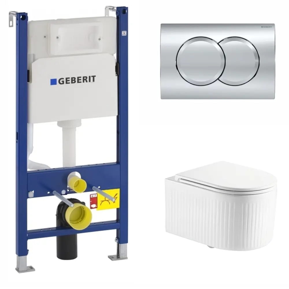 Фото Комплект инсталляция и унитаз 3 в 1 инсталляция Geberit Duofix Delta01 + Подвесной унитаз Enio Morris Tornado EN2870511 с кнопкой хром