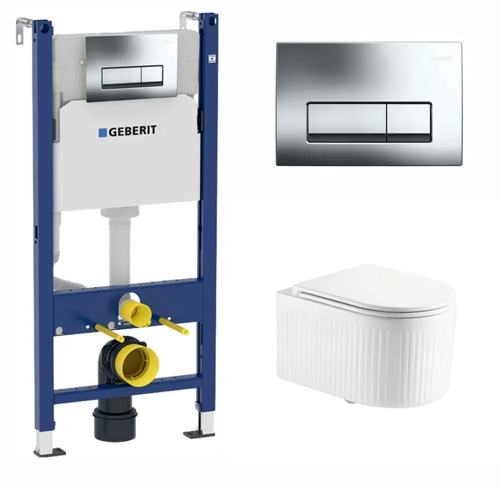 Фото Комплект инсталляция и унитаз 3 в 1 инсталляция Geberit Duofix + Подвесной унитаз Enio Morris Tornado с кнопкой хром Фото Комплект инсталляция и унитаз 3 в 1 инсталляция Geberit Duofix + Подвесной унитаз Enio Morris Tornado с кнопкой хром