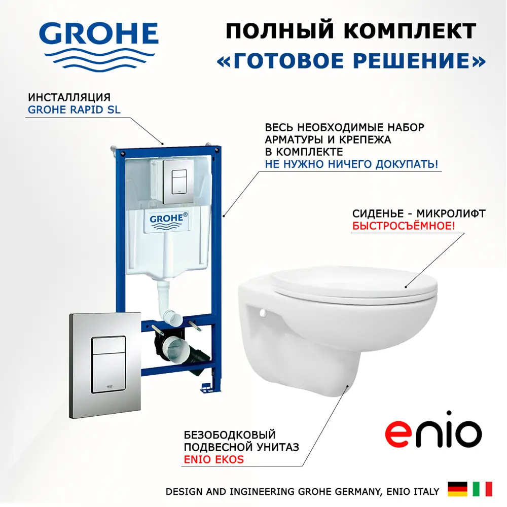 Фото 7 Комплект инсталляция и унитаз 3 в 1 инсталляция Grohe Rapid SL унитаз Enio Ekos и кнопка хром Фото 7 Комплект инсталляция и унитаз 3 в 1 инсталляция Grohe Rapid SL унитаз Enio Ekos и кнопка хром