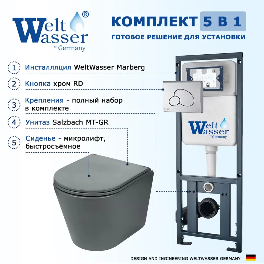 Фото 8 Комплект инсталляция и унитаз 3 в 1 инсталляция WeltWasser Marberg 410 унитаз Weltwasser Salzbach серый и кнопка хром RD Фото 8 Комплект инсталляция и унитаз 3 в 1 инсталляция WeltWasser Marberg 410 унитаз Weltwasser Salzbach серый и кнопка хром RD