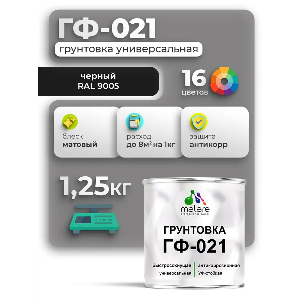 Фото Грунтовка Malare Professional ГФ-021 для металла/дерева/минеральных поверхностей RAL 9005 черный матовая 1.25кг