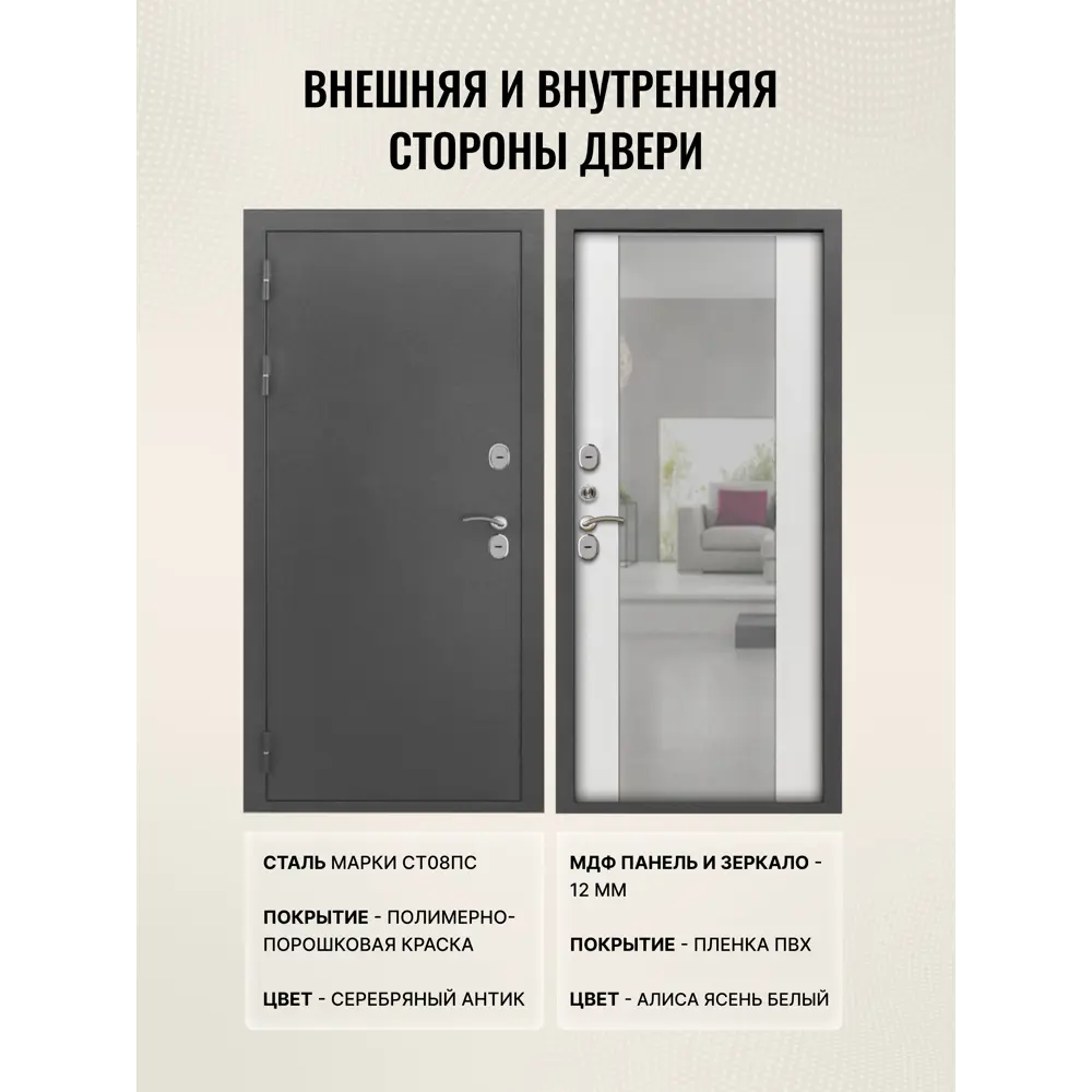 Фото 2 Дверь входная Дверипро Термо левый 205x96см цвет алиса ясень белый/серебряный антик с зеркалом Фото 2 Дверь входная Дверипро Термо левый 205x96см цвет алиса ясень белый/серебряный антик с зеркалом