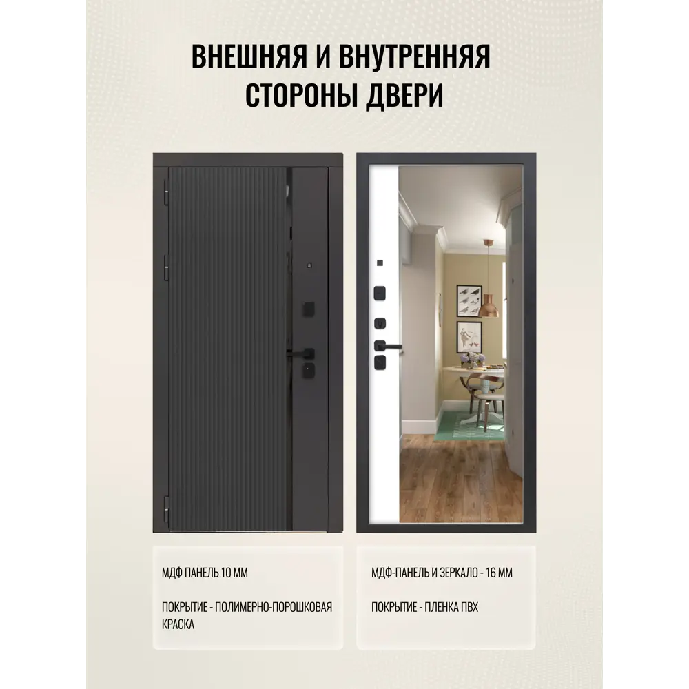 Фото 2 Входная дверь Дверипро 3K L-1009/ФЛЗ-23 левый 205x96см цвет черная шагрень/velluto bianco с зеркалом Фото 2 Входная дверь Дверипро 3K L-1009/ФЛЗ-23 левый 205x96см цвет черная шагрень/velluto bianco с зеркалом