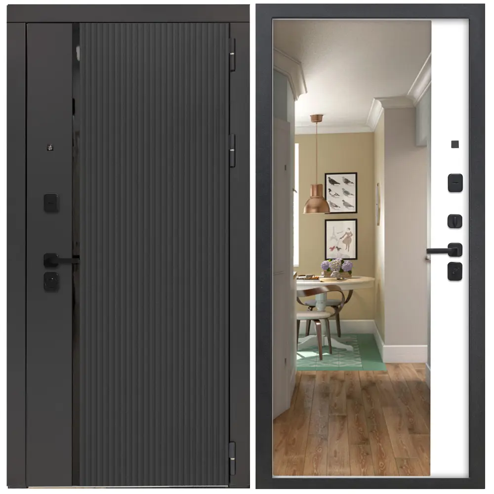 Фото 9 Входная дверь Дверипро 3K L-1009/ФЛЗ-23 левый 205x96см цвет черная шагрень/velluto bianco с зеркалом Фото 9 Входная дверь Дверипро 3K L-1009/ФЛЗ-23 левый 205x96см цвет черная шагрень/velluto bianco с зеркалом