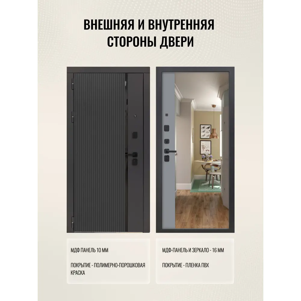 Фото 2 Входная дверь Дверипро 3K L-1009/ФЛЗ-23 левый 205x96см цвет черная шагрень/velluto grigio с зеркалом Фото 2 Входная дверь Дверипро 3K L-1009/ФЛЗ-23 левый 205x96см цвет черная шагрень/velluto grigio с зеркалом