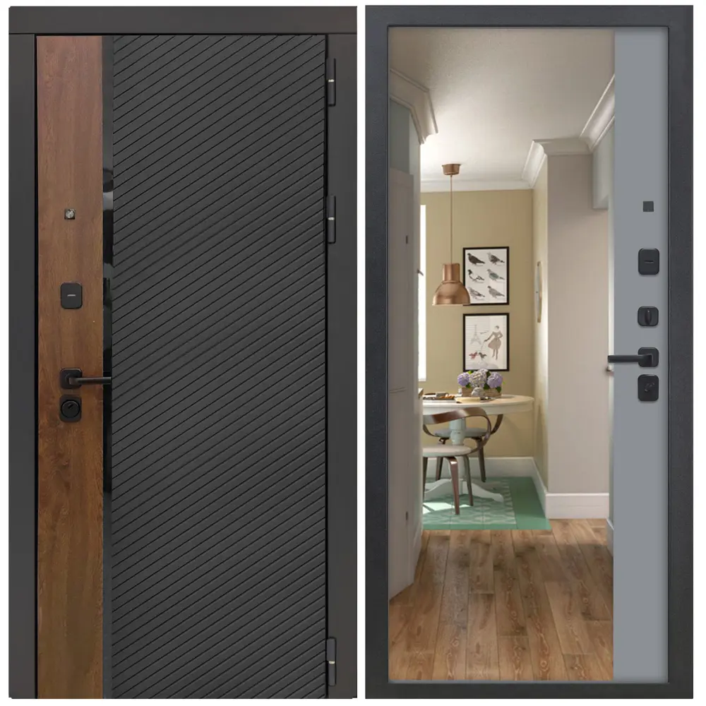 Фото 9 Входная дверь Дверипро 3K L-1101/ФЛЗ-23 левый 205x86см цвет черная шагрень и орех грецкий/velluto grigio с зеркалом Фото 9 Входная дверь Дверипро 3K L-1101/ФЛЗ-23 левый 205x86см цвет черная шагрень и орех грецкий/velluto grigio с зеркалом