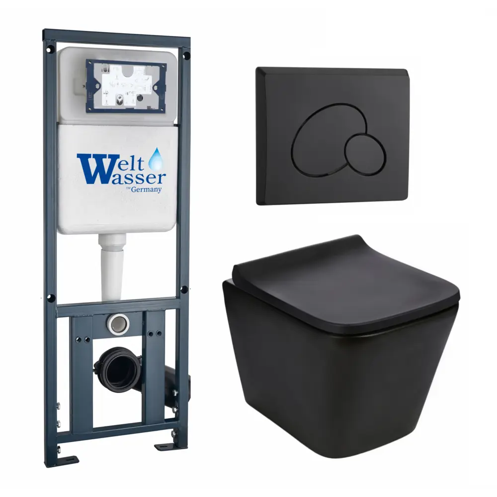 Фото Комплект инсталляция и унитаз 3 в 1 инсталляция WeltWasser Marberg 410 10000005948 унитаз Gelbach черный и кнопка черная матовая RD