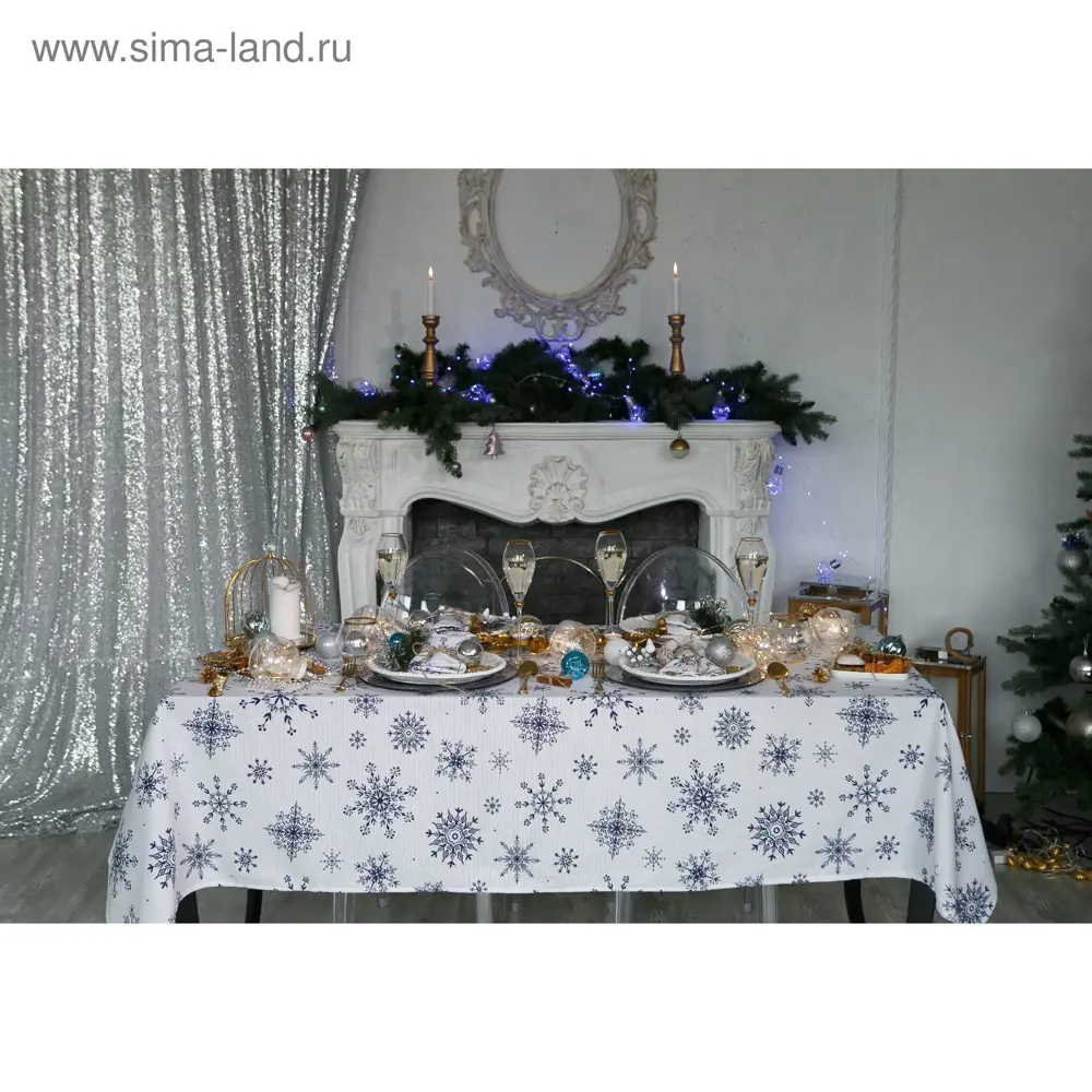 Фото 5 Скатерть на стол Доляна Синие снежинки круглая 220x146 см цвет разноцветный