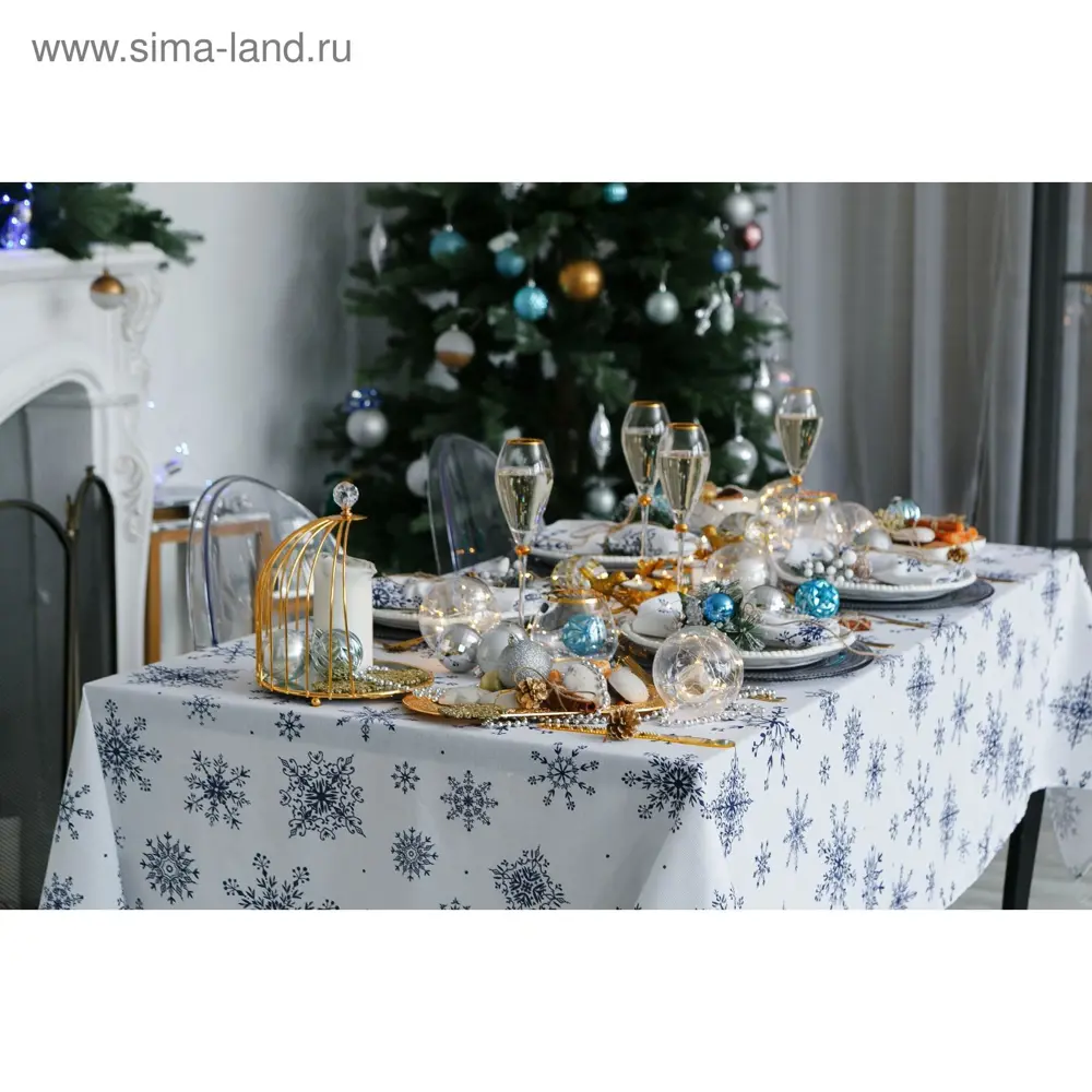 Фото 4 Скатерть на стол Доляна Синие снежинки круглая 220x146 см цвет разноцветный