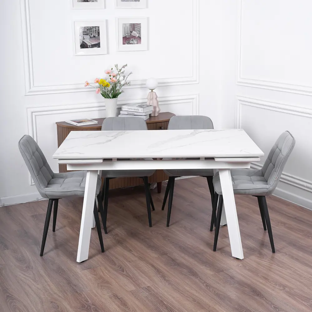 Фото Кухонный стол прямоугольный Frenesie 140x90 см керамогранит мдф цвет белый/белый Фото Кухонный стол прямоугольный Frenesie 140x90 см керамогранит мдф цвет белый/белый