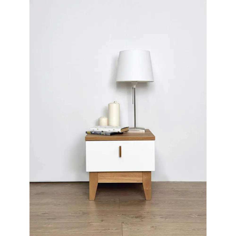 Фото 4 Тумба прикроватная Mebelson Хюгге 174957.3477_СПБ2 40.2x37.6x42 см 1 ящик ЛДСП цвет белое дерево/дуб крафт золотой/белый матовый