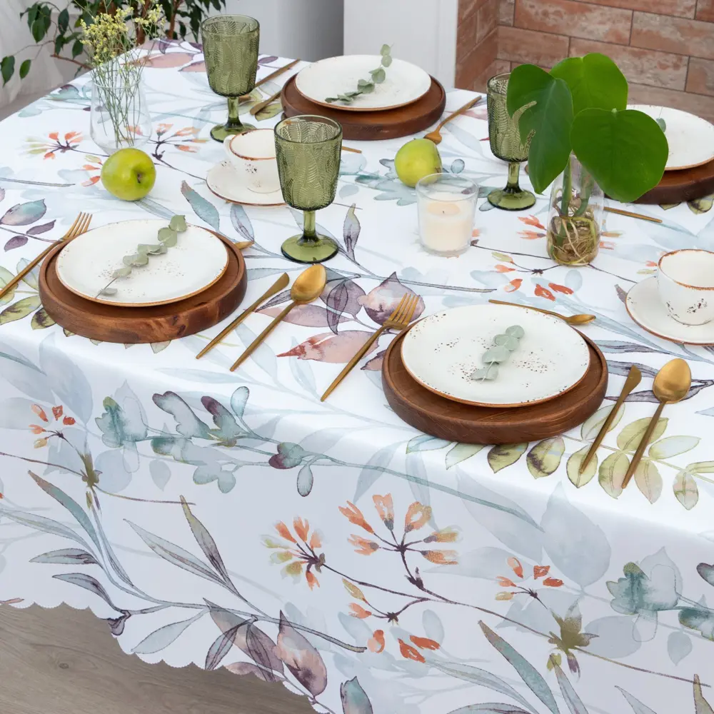Фото 3 Скатерть на стол Доляна Акварельные листья круглая 145x180 см цвет белый Фото 3 Скатерть на стол Доляна Акварельные листья круглая 145x180 см цвет белый
