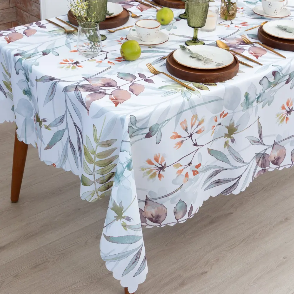 Фото 2 Скатерть на стол Доляна Акварельные листья круглая 145x180 см цвет белый Фото 2 Скатерть на стол Доляна Акварельные листья круглая 145x180 см цвет белый