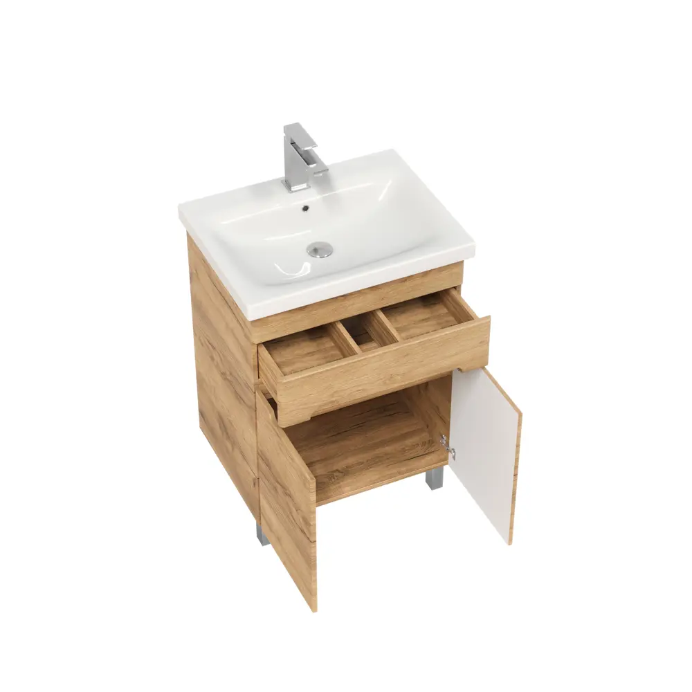 Фото 3 Тумба с раковиной напольная Ruvann Nika 50см цвет дуб крафт золотой раковина Moduo 50