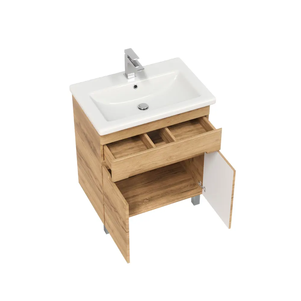 Фото 3 Тумба с раковиной у напольная Ruvann Nika 70 см цвет дуб крафт золотой раковина Como 70