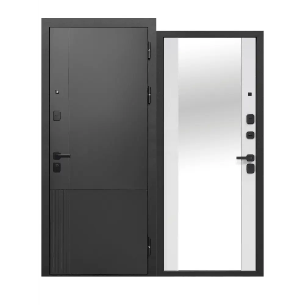 Фото Входная дверь Бриз Штамп Нео МП правый 205x86см цвет муар черный/эмалит белый с зеркалом Фото Входная дверь Бриз Штамп Нео МП правый 205x86см цвет муар черный/эмалит белый с зеркалом