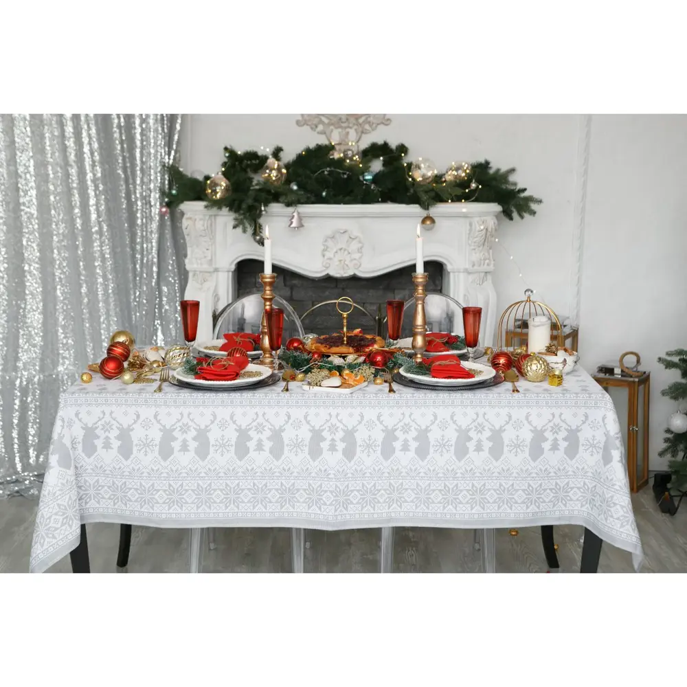 Фото 2 Скатерть на стол Доляна Сканди стиль круглая 180x146 см цвет серый / серебристый