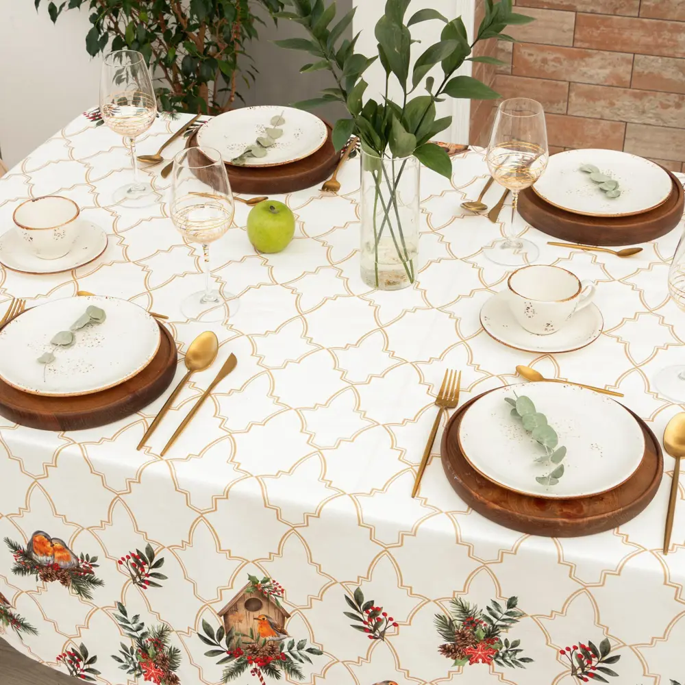 Фото 7 Скатерть на стол Этель Winter robin круглая 144x110 см цвет бежевый
