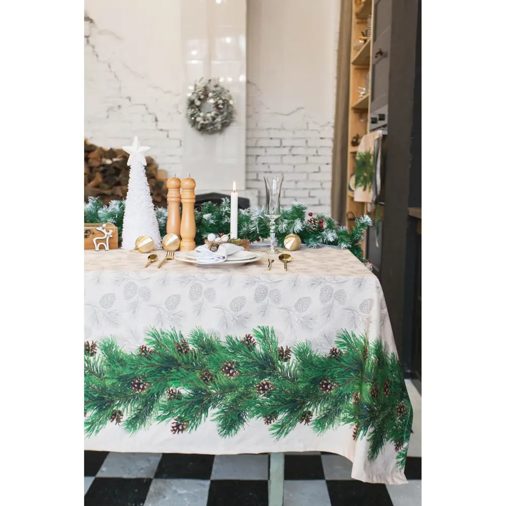Фото 2 Скатерть на стол Этель Еловые ветви круглая 220x148 см цвет зеленый Фото 2 Скатерть на стол Этель Еловые ветви круглая 220x148 см цвет зеленый