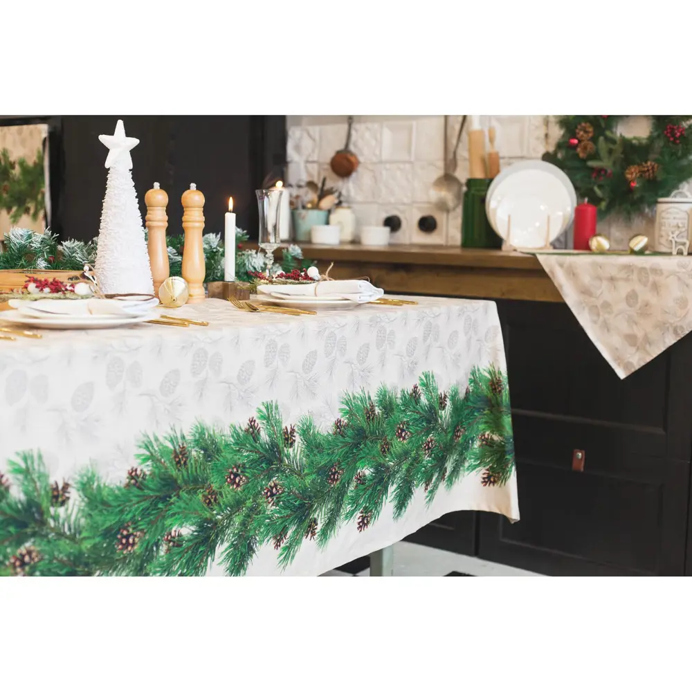 Фото 3 Скатерть на стол Этель Еловые ветви круглая 220x148 см цвет зеленый Фото 3 Скатерть на стол Этель Еловые ветви круглая 220x148 см цвет зеленый