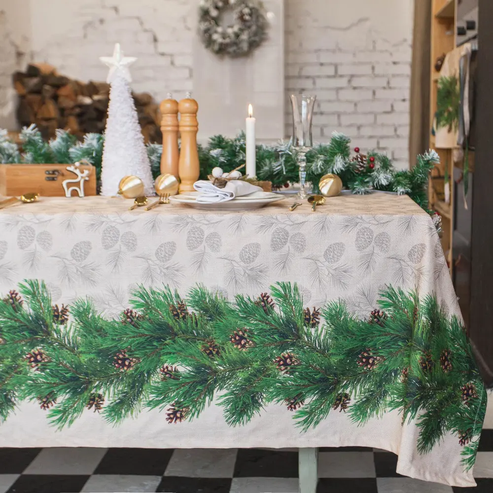 Фото Скатерть на стол Этель Еловые ветви круглая 220x148 см цвет зеленый Фото Скатерть на стол Этель Еловые ветви круглая 220x148 см цвет зеленый