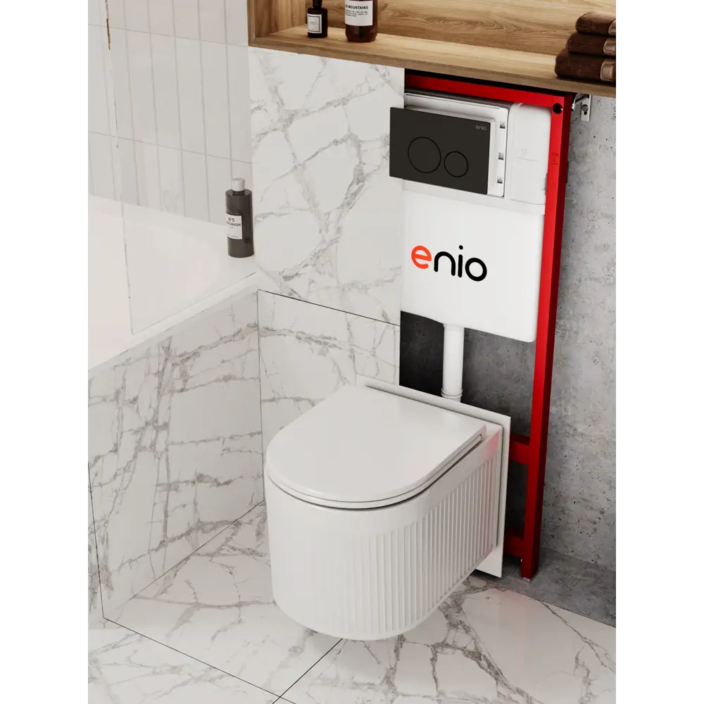 Фото Комплект инсталляция и унитаз 3 в 1: инсталляция Enio Profi EN7050050 унитаз подвесной Enio Morris Tornado и кнопка чёрная матовая Sfera