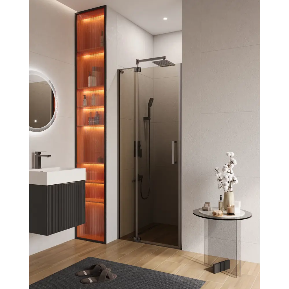 Фото Душевая дверь Cezares Slider-B-1-80/90-BR-GM 80см эффект стекла тонированный распашной Фото Душевая дверь Cezares Slider-B-1-80/90-BR-GM 80см эффект стекла тонированный распашной