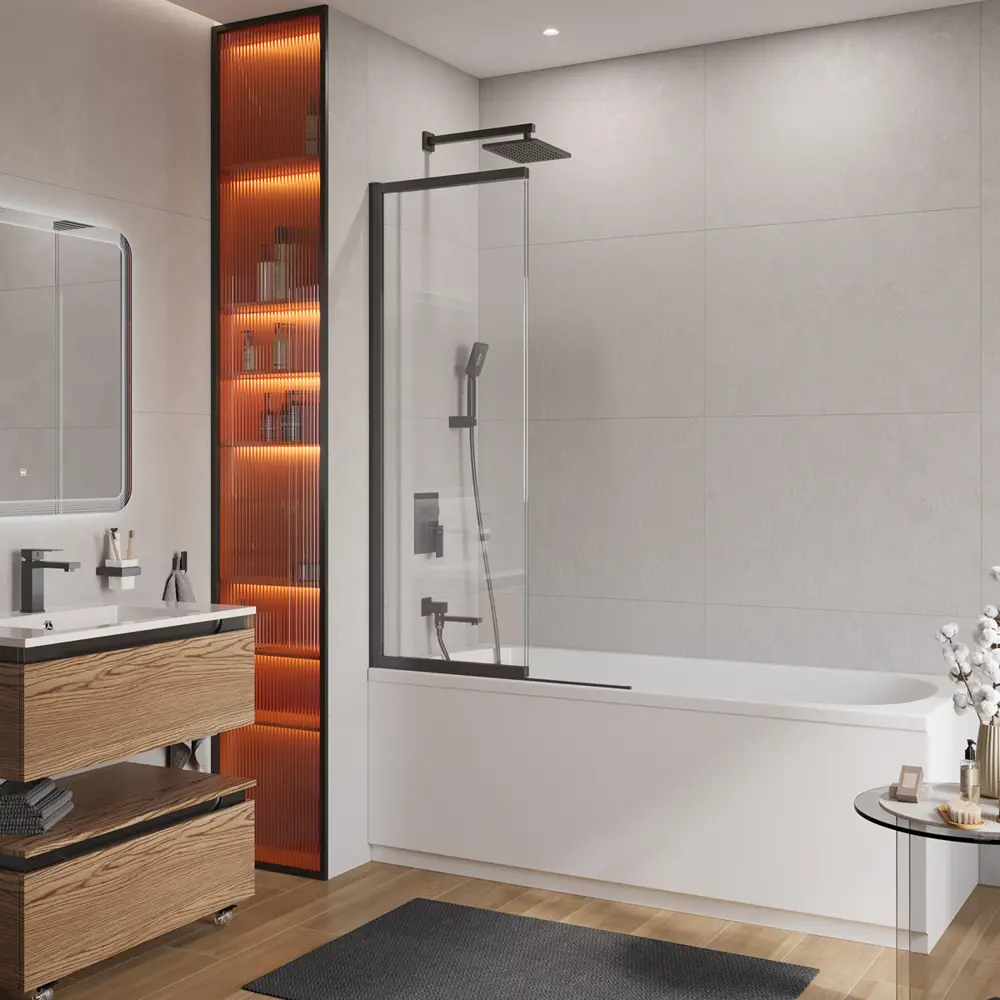 Фото 2 Ширма на ванну Cezares Slider 90x150 см профиль черный стекло прозрачное Фото 2 Ширма на ванну Cezares Slider 90x150 см профиль черный стекло прозрачное