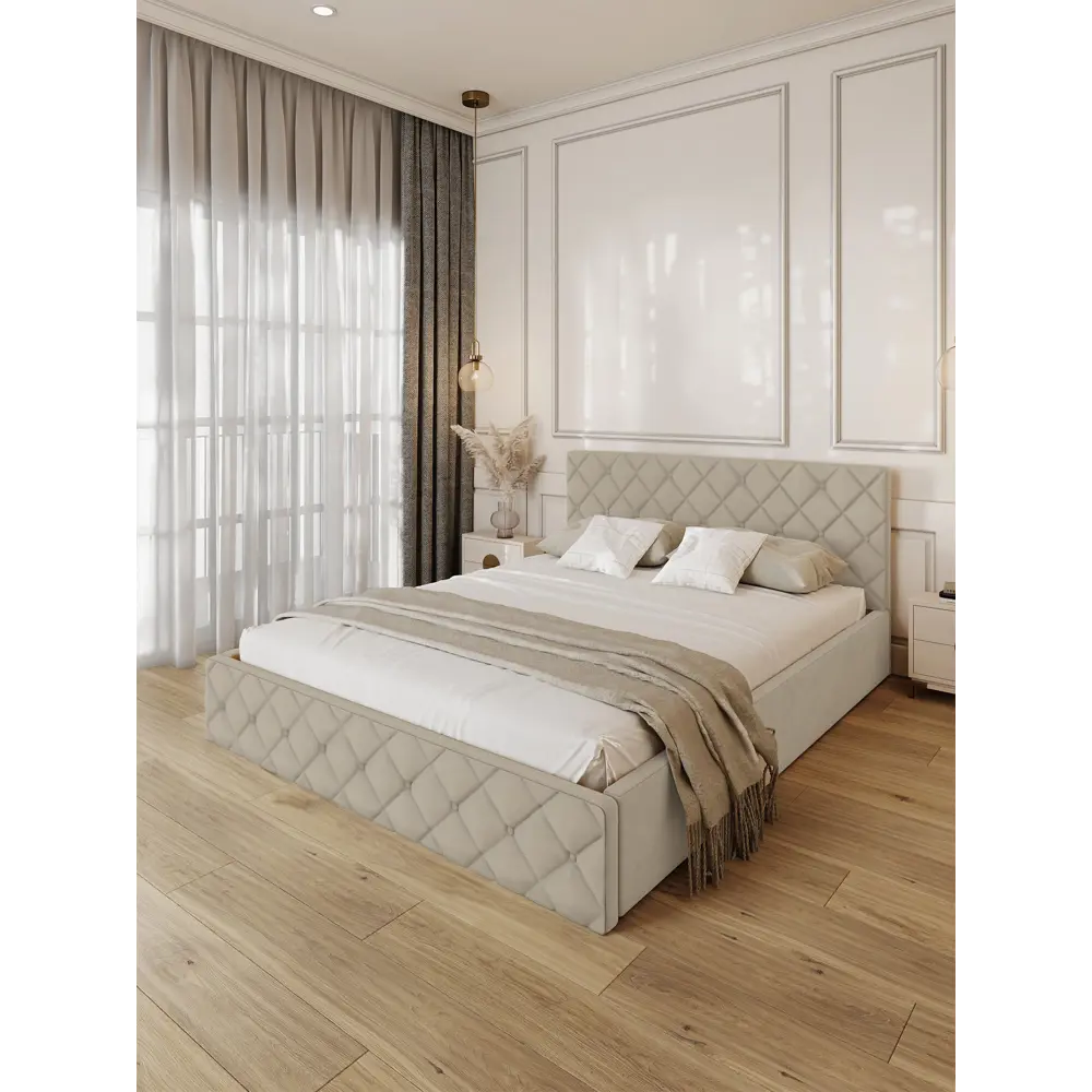 Фото 2 Кровать Solarius Эпсилон 200x160 см реечное основание обивка с ромбовидным узором с пуговицами цвет бежевый Фото 2 Кровать Solarius Эпсилон 200x160 см реечное основание обивка с ромбовидным узором с пуговицами цвет бежевый