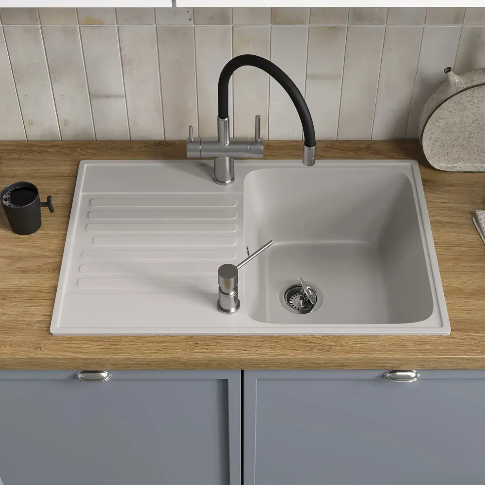 Фото 5 Мойка для кухни врезная Reflexion Bolero RF0574GR с крылом 74х48см серый Фото 5 Мойка для кухни врезная Reflexion Bolero RF0574GR с крылом 74х48см серый