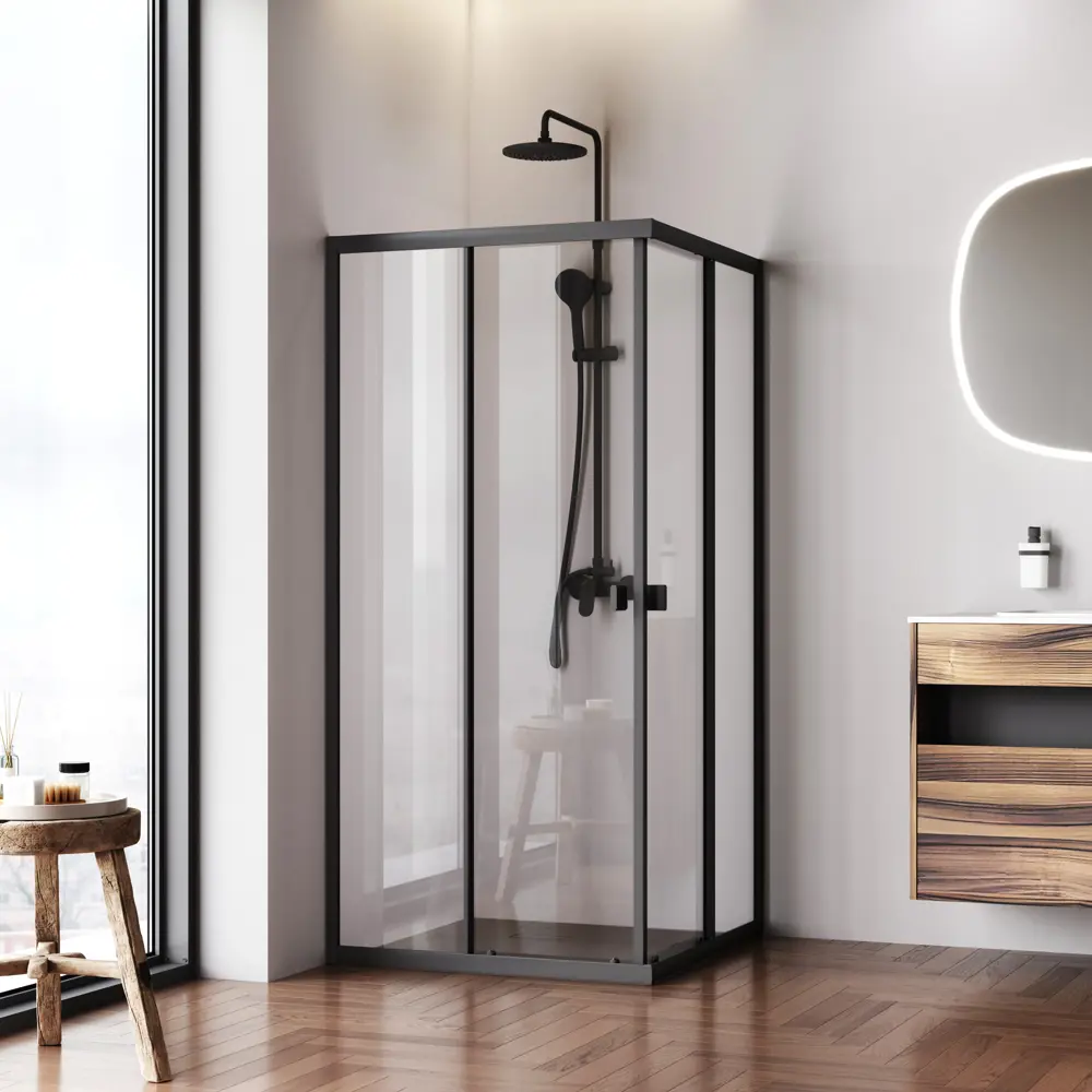 Фото Душевой уголок AM.PM Flash W9HG-403-090-BT квадратный 90x90 см черный профиль прозрачное стекло раздвижной Фото Душевой уголок AM.PM Flash W9HG-403-090-BT квадратный 90x90 см черный профиль прозрачное стекло раздвижной