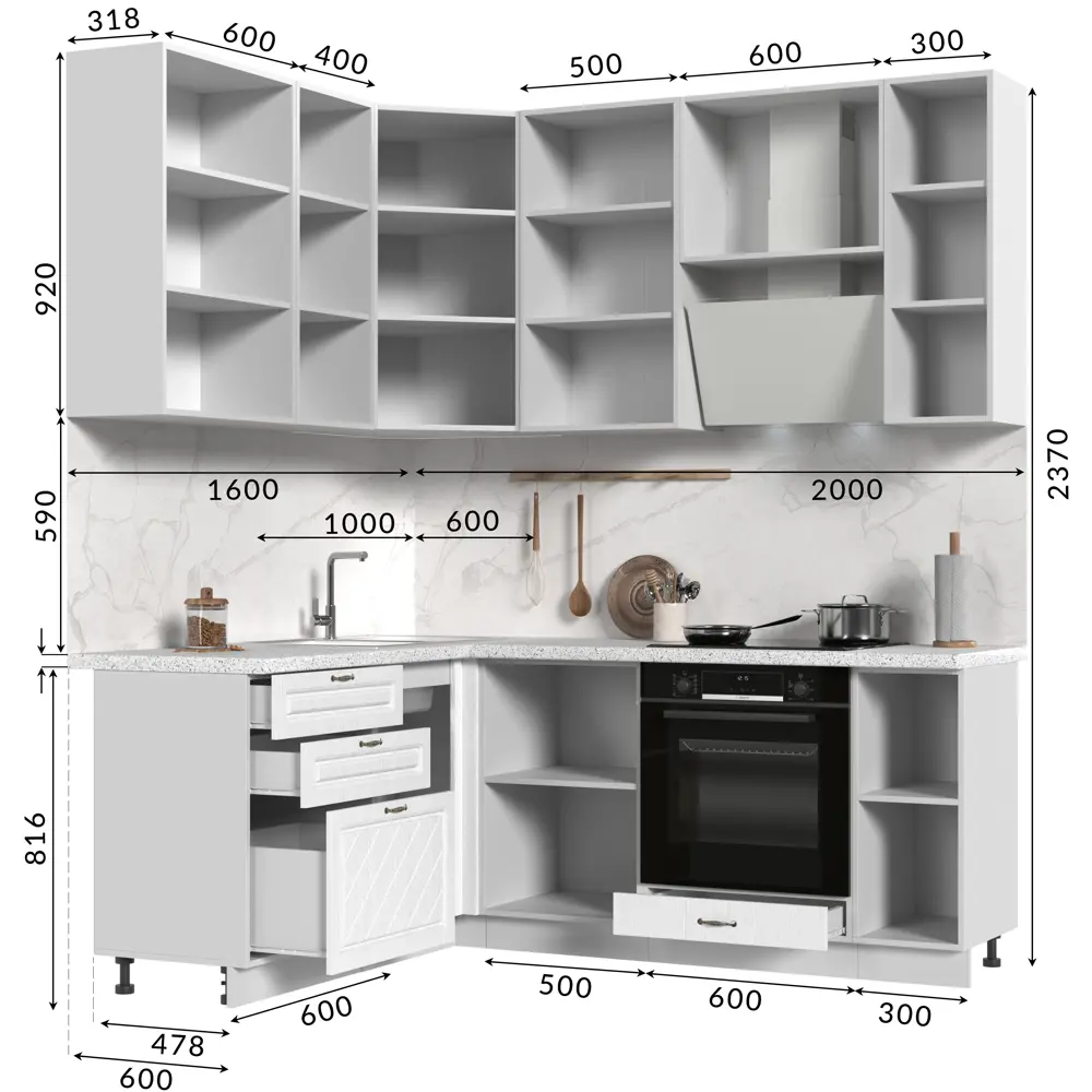 Фото 10 Кухонный гарнитур со столешницей 3.8 см Стендмебель Модена высокий 200x237x60 см ЛДСП цвет белый/дуб белый