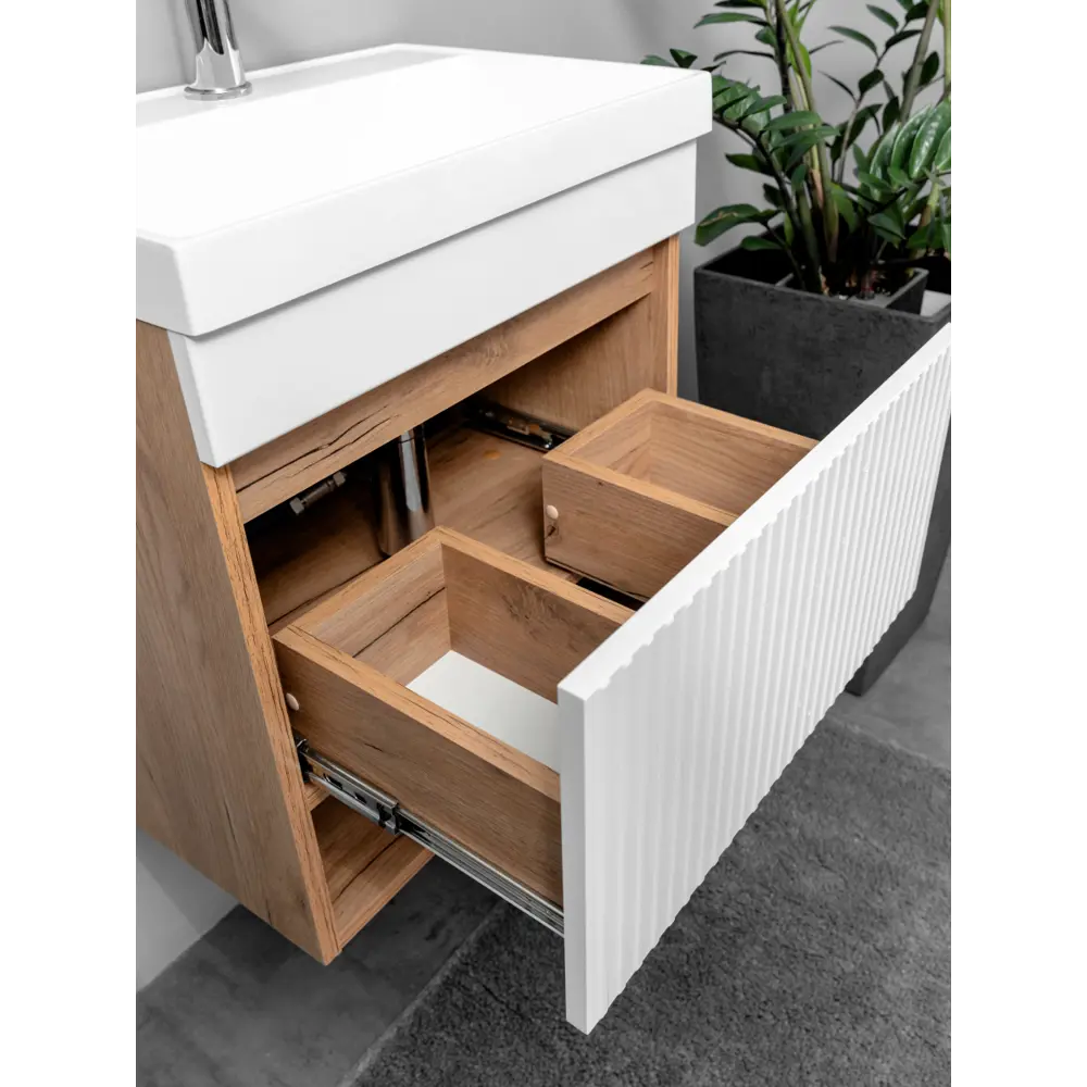 Фото 7 Тумба с раковиной в ванную подвесная GardaHome Fresco Fr-T50FrW/KPWdr 50 цвет белый/дуб крафт золотой Фото 7 Тумба с раковиной в ванную подвесная GardaHome Fresco Fr-T50FrW/KPWdr 50 цвет белый/дуб крафт золотой