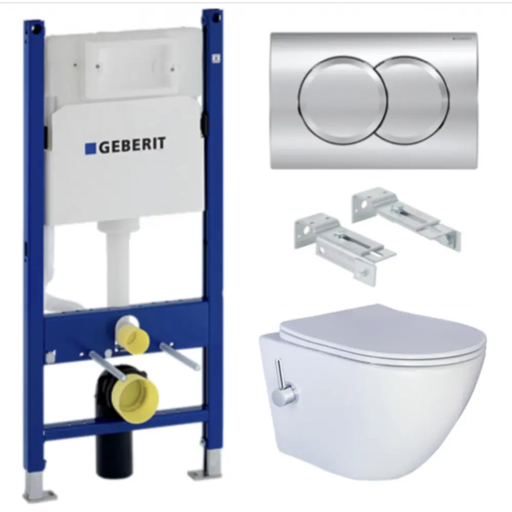 Фото Комплект инсталляция Geberit 458.149.21.1 с кнопкой смыва Delta01 115.107.21.1 унитаз Esbano Teruel-WBN безободковый с функцией биде
