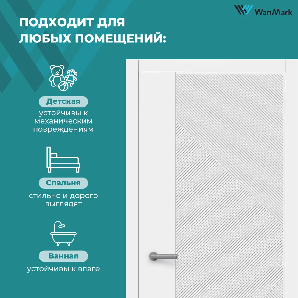 Фото 17 Комплект межкомнатной двери Wanmark Синди-13 глухая 190x55см эмаль цвет белый с коробом и наличниками