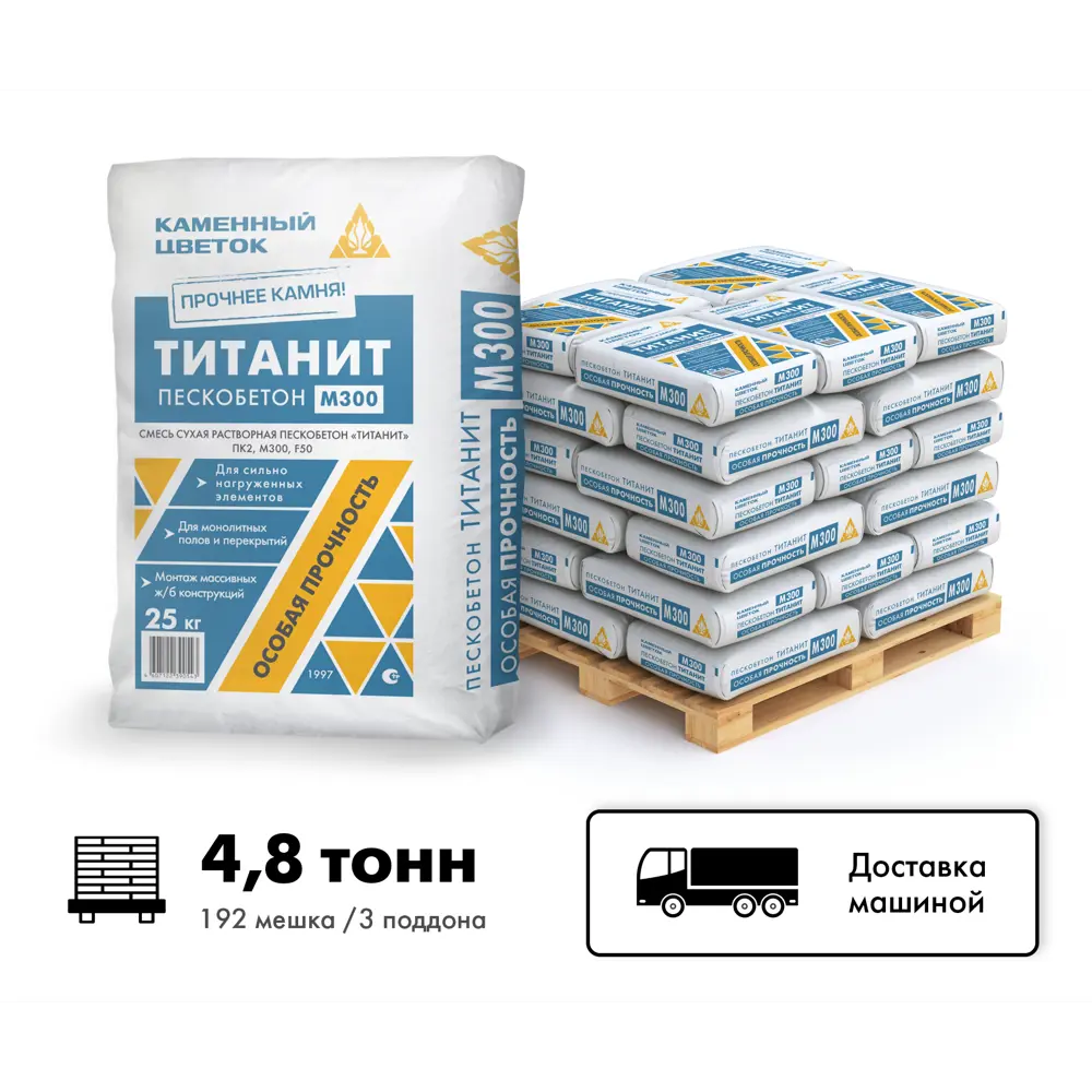 Фото Пескобетон ТМ Каменный цветок Титанит М300 цвет серый комплект 25кг x 192шт машиной без выгрузки Фото Пескобетон ТМ Каменный цветок Титанит М300 цвет серый комплект 25кг x 192шт машиной без выгрузки