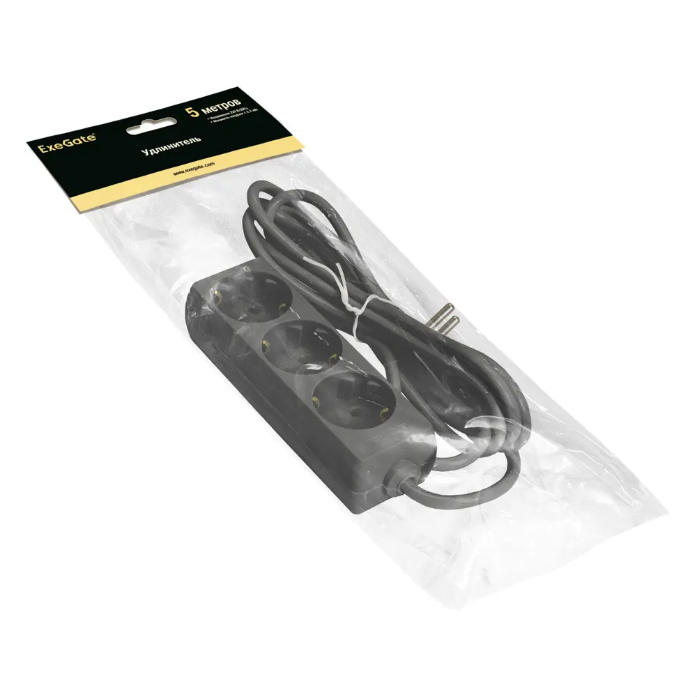 Фото 2 Удлинитель Exegate 285807 3x0.75 5 м 3 розетки с заземлением 2200 Вт цвет черный