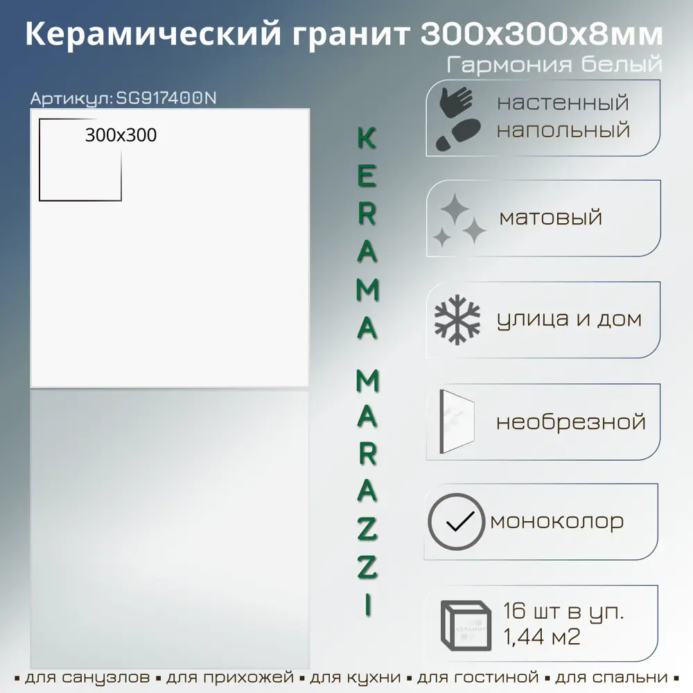 Фото Керамогранит Kerama marazzi SG917400N 282 30x30см 1.44 м² цвет белый Фото Керамогранит Kerama marazzi SG917400N 282 30x30см 1.44 м² цвет белый