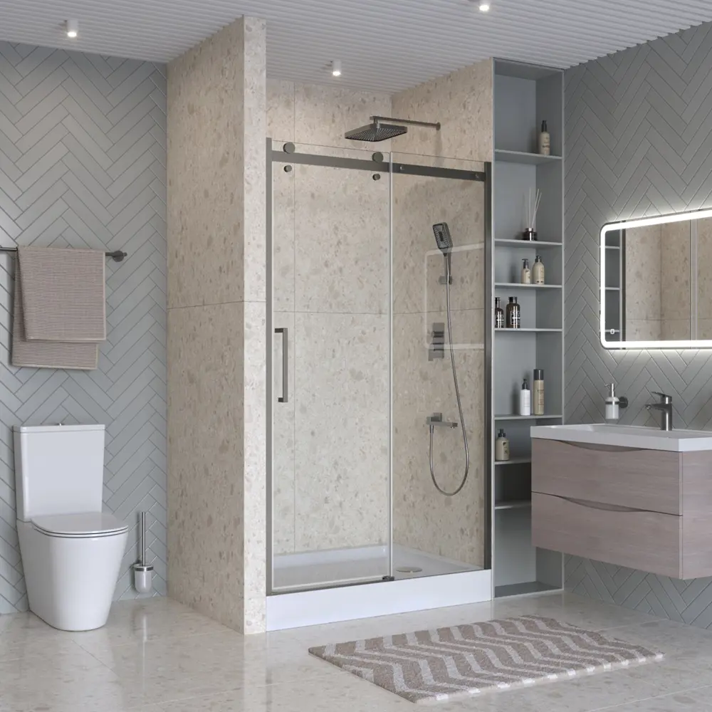 Фото Душевая дверь Belbagno MARINO-2-BF-1-130-C-GM 130см эффект стекла прозрачный раздвижной Фото Душевая дверь Belbagno MARINO-2-BF-1-130-C-GM 130см эффект стекла прозрачный раздвижной