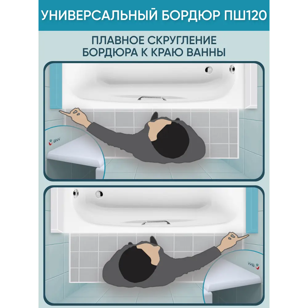 Фото 4 Бордюр акриловый для ванны BNV ПШ120 75 см универсальный