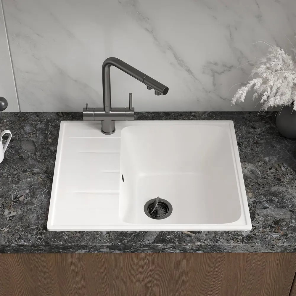 Фото 5 Мойка для кухни врезная Reflexion Plato RX1457WH c крылом 57х46 см белый Фото 5 Мойка для кухни врезная Reflexion Plato RX1457WH c крылом 57х46 см белый