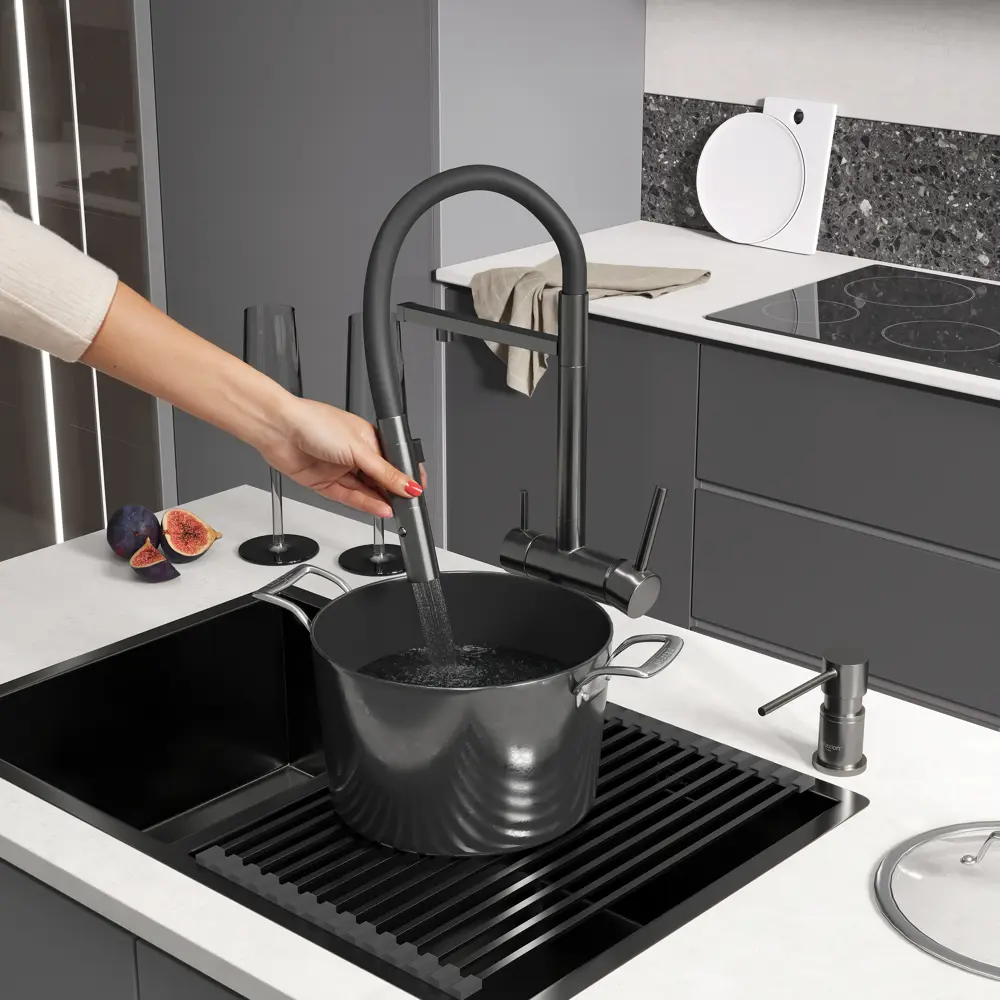 Фото 2 Смеситель Reflexion Lago RX9901BL для кухни с подключением к фильтру гибкий излив оружейная сталь