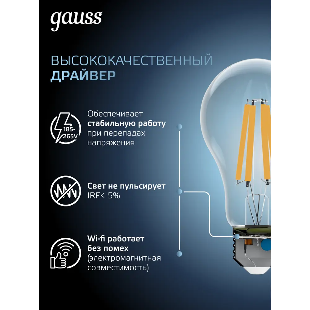 Фото 6 Набор ламп светодиодных GAUSS Filament 102902220 E27 175-265 В 20 Вт груша прозрачная 1850 Лм нейтральный белый свет, 10 шт Фото 6 Набор ламп светодиодных GAUSS Filament 102902220 E27 175-265 В 20 Вт груша прозрачная 1850 Лм нейтральный белый свет, 10 шт