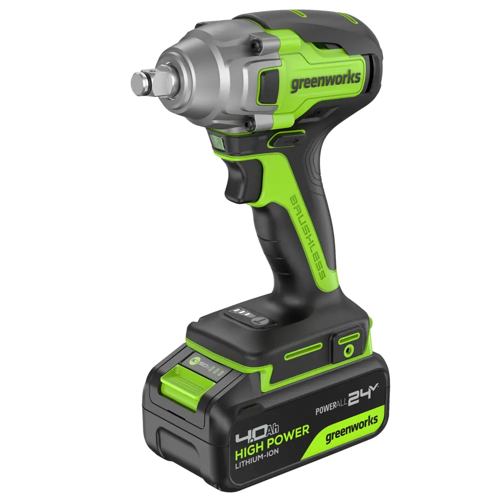 Фото 3 Гайковерт аккумуляторный бесщеточный Greenworks GD24IW400, 24 В Li-Ion 1x4 Ач, 400 Нм Фото 3 Гайковерт аккумуляторный бесщеточный Greenworks GD24IW400, 24 В Li-Ion 1x4 Ач, 400 Нм
