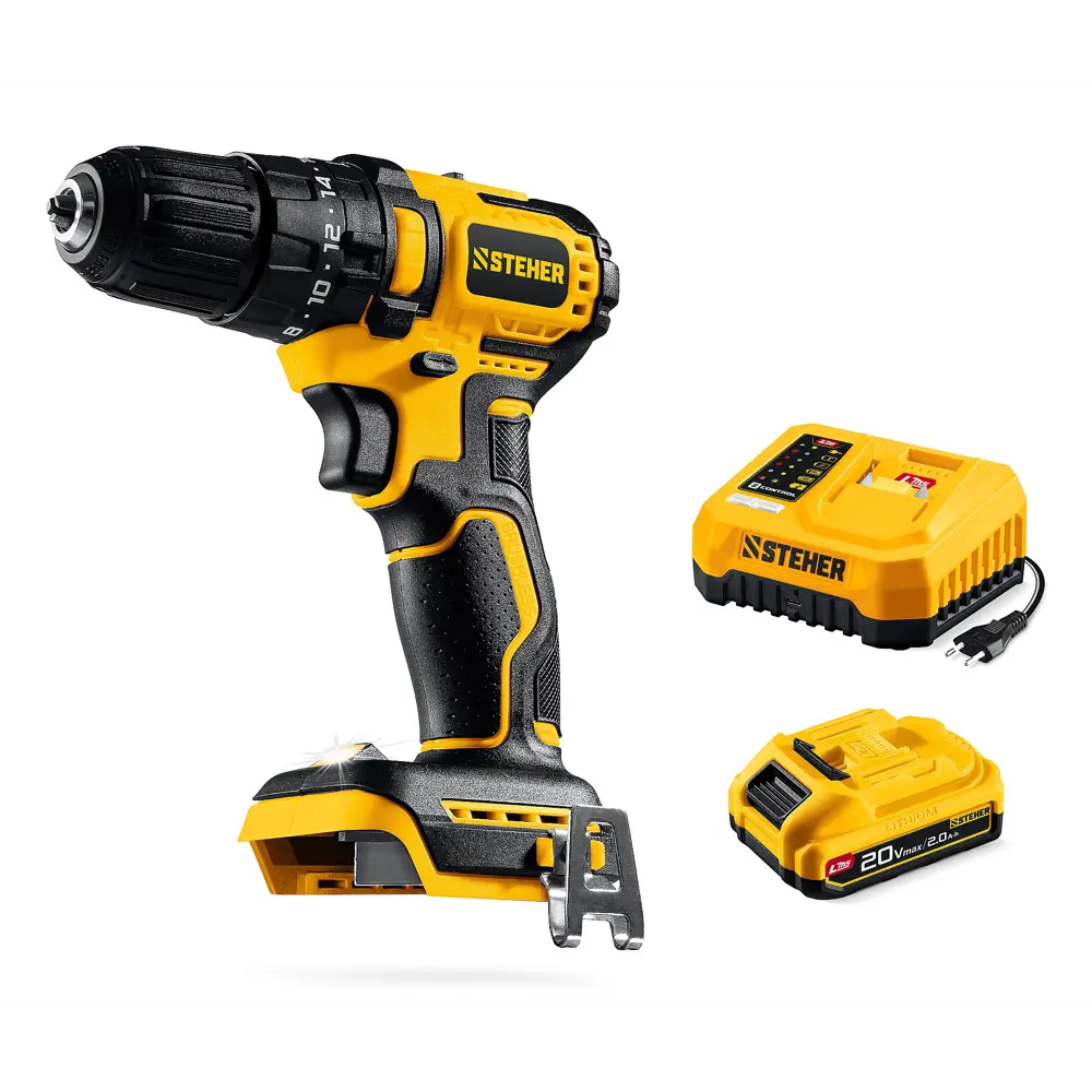 Фото Дрель-шуруповерт аккумуляторная ударная бесщеточная Steher CBS-45-21, 20 В Li-Ion 1x2 Ач Фото Дрель-шуруповерт аккумуляторная ударная бесщеточная Steher CBS-45-21, 20 В Li-Ion 1x2 Ач