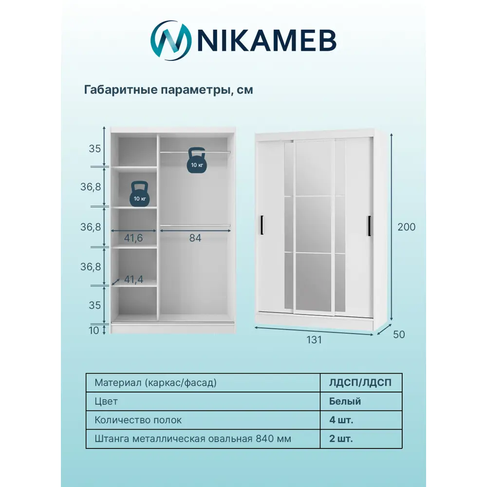 Фото 6 Шкаф-купе BTS Тайм 131x200x50 см 3 двери ЛДСП цвет белый