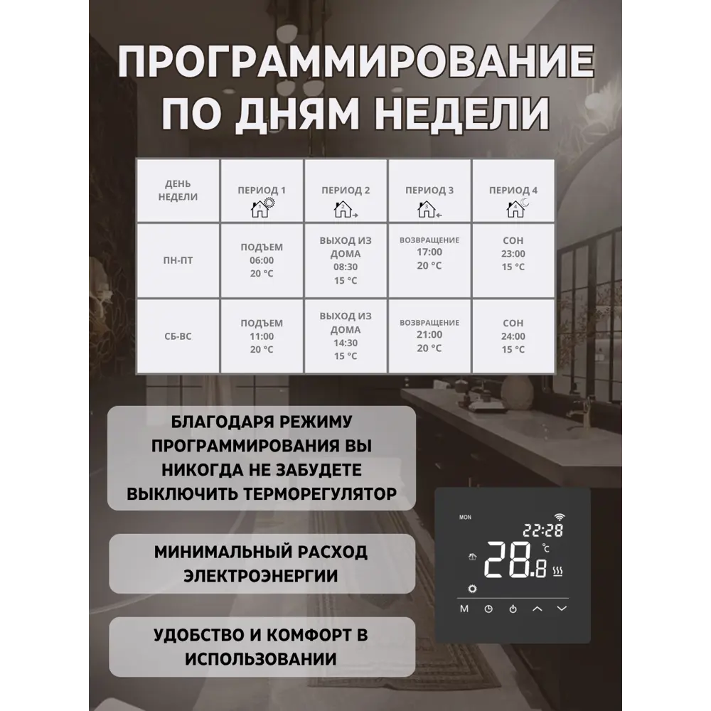 Фото 6 Умный терморегулятор для теплого пола Теплософт М6 электронный сенсорный с WI-FI цвет черный Фото 6 Умный терморегулятор для теплого пола Теплософт М6 электронный сенсорный с WI-FI цвет черный