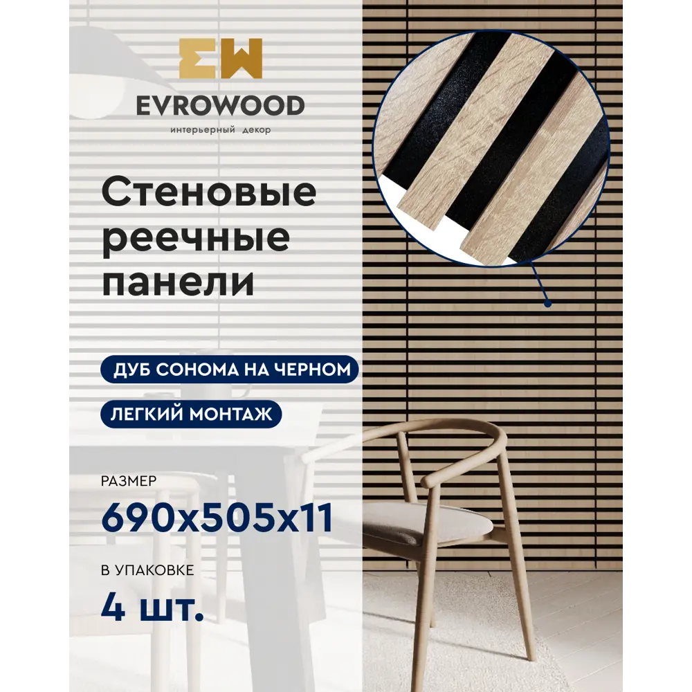 Фото Реечная панель Evrowood 680x506x11мм цвет черный/дуб сонома Фото Реечная панель Evrowood 680x506x11мм цвет черный/дуб сонома