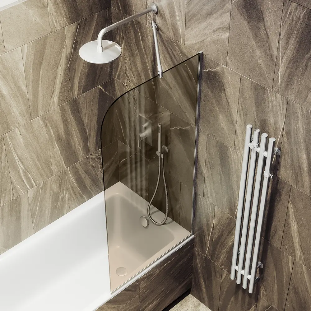 Фото Шторка для ванной стеклянная MaybahGlass 34x140 см 6 мм бронза/хром матовый Фото Шторка для ванной стеклянная MaybahGlass 34x140 см 6 мм бронза/хром матовый