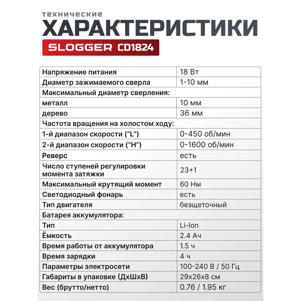 Фото 5 Дрель-шуруповерт аккумуляторная бесщеточная Slogger CD1824, 18 В Li-Ion 2x2.4 Ач Фото 5 Дрель-шуруповерт аккумуляторная бесщеточная Slogger CD1824, 18 В Li-Ion 2x2.4 Ач